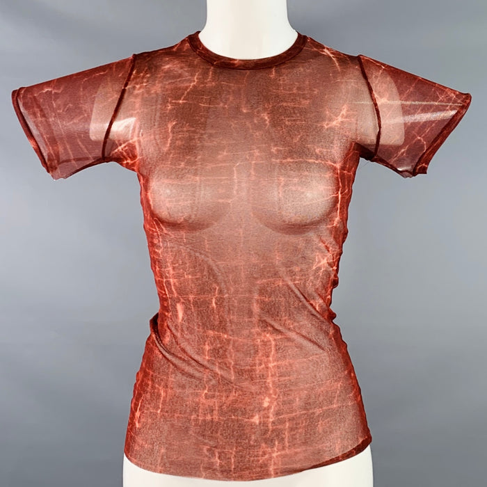 JEAN PAUL GAULTIER Size S Burgundy Cream Mesh Tie Dye Short Sleeve Casual Top