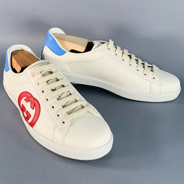 GUCCI Size 8.5 White Red Blue Logo Leather Suede Sneakers
