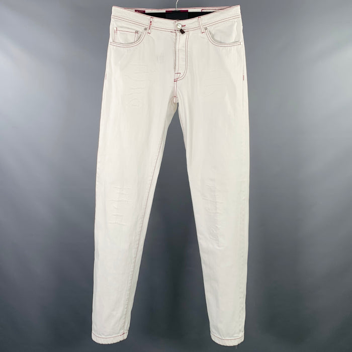 KITON Size 34 White Red Contrast Stitch Distressed Cotton Straight Jeans