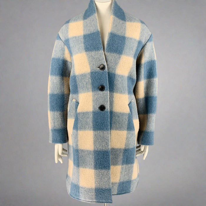 ISABEL MARANT Size 10 Blue Cream Polyester Blend Gingham Shawl Lapel Coat