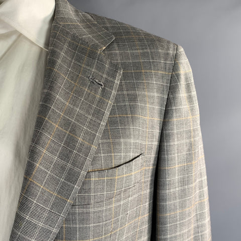 KITON Chest Size 44 Grey Yellow Plaid Cashmere Notch Lapel Sport Coat