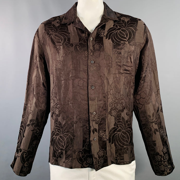 HAIDER ACKERMANN Taille L Chemise Manches Longues Unie en Soie et Lin Jacquard Marron