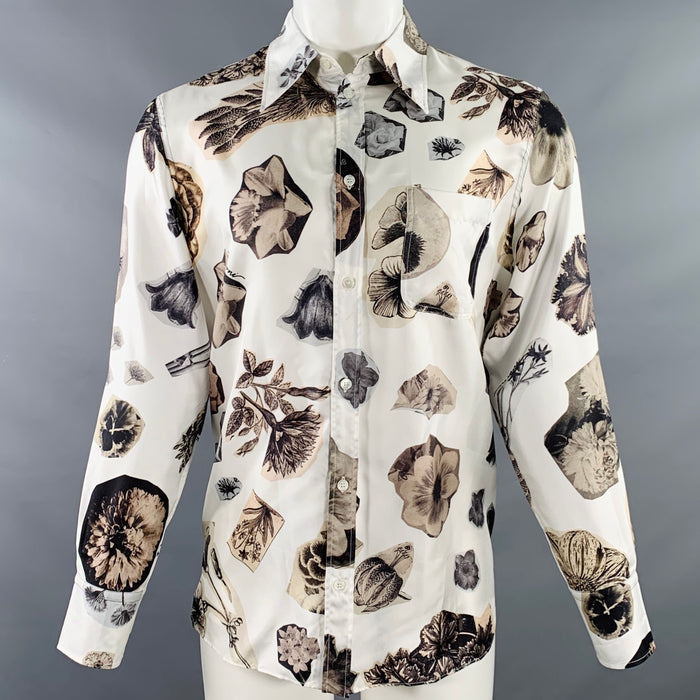 MARNI Size XXS Resonance White Brown Floral Print Silk Oversized Button Up Long Sleeve Shirt