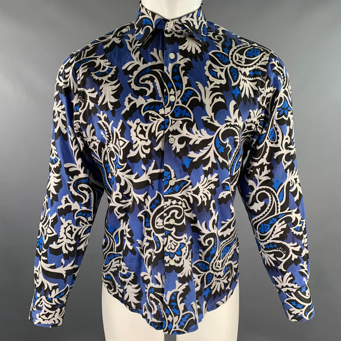 ETRO Size M Blue Black White Abstract Floral Cotton Blend Long Sleeve Shirt