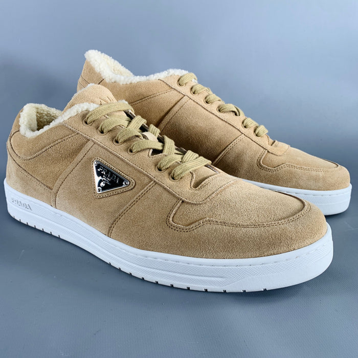 PRADA Size 12 Downtown Shearling Tan Suede Lace-Up Sneakers