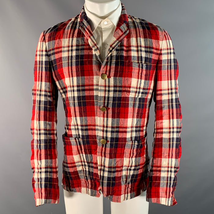 JUNYA WATANABE Chest Size S Red Navy & White Plaid Linen Blend Sport Coat