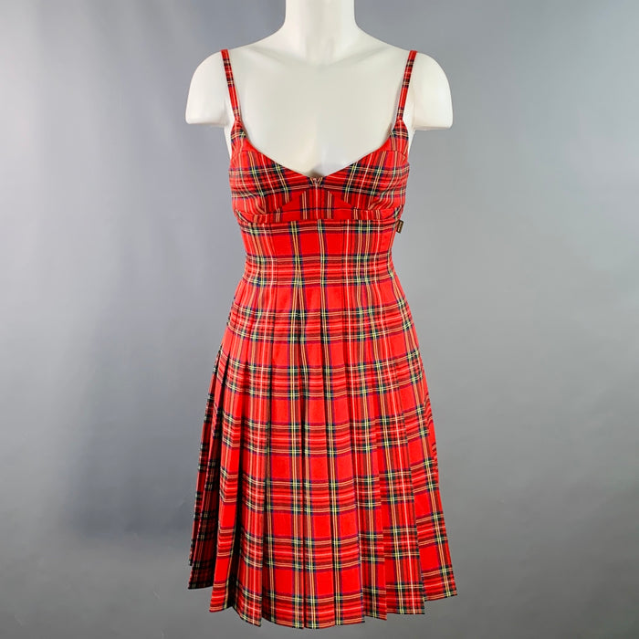 MARC JACOBS Size XS Red Multi Color Polyester Blend Plaid Pleated Dress