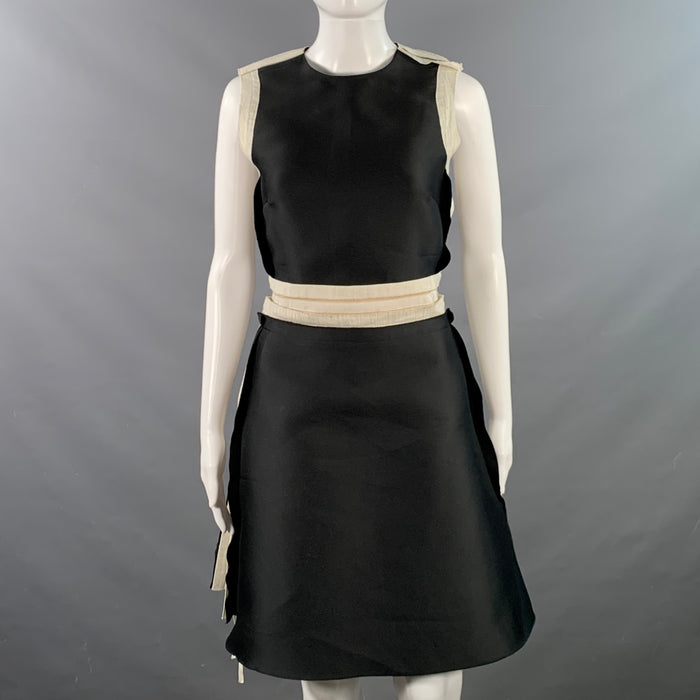 LANVIN Size 8 Black White Polyester Silk Color Block Sleeveless Dress