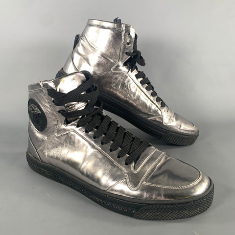 VERSACE Size 8 Silver Black Metallic Leather High Top Sneakers