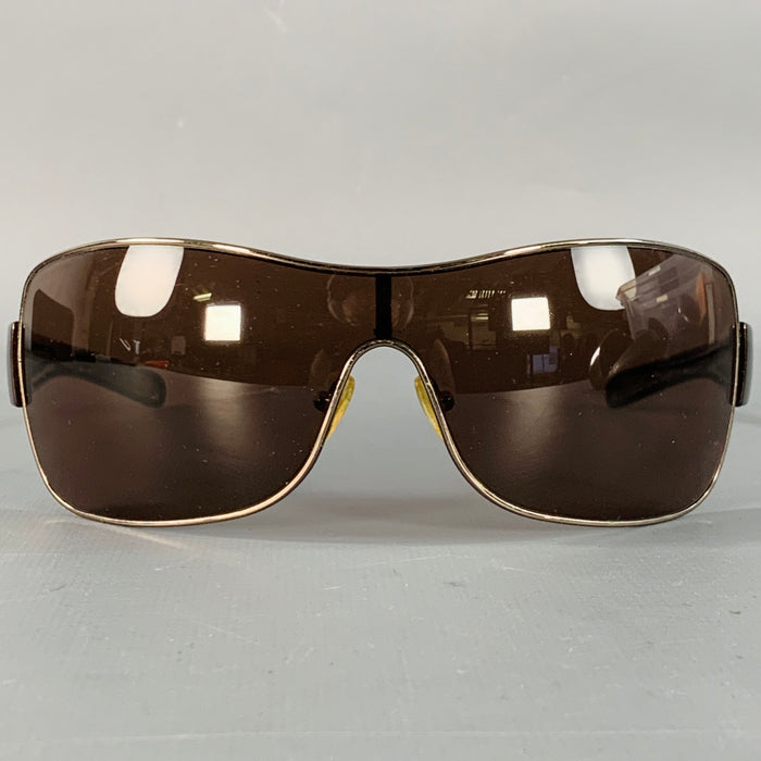 PRADA Brown Silver Acetate Shield Wrap Around Sunglasses