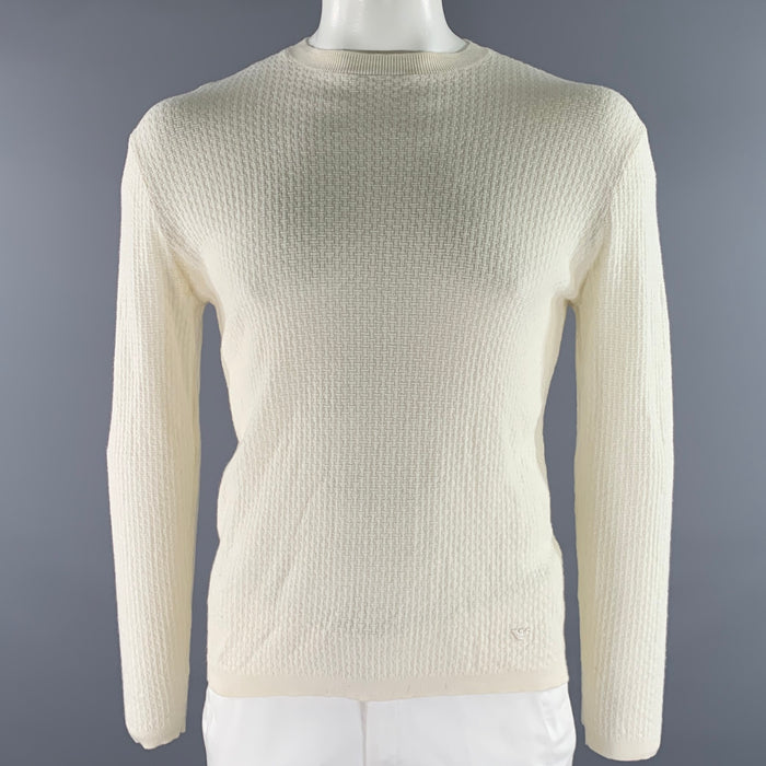 EMPORIO ARMANI Size XL Cream Waffle Knit Crew-Neck Pullover
