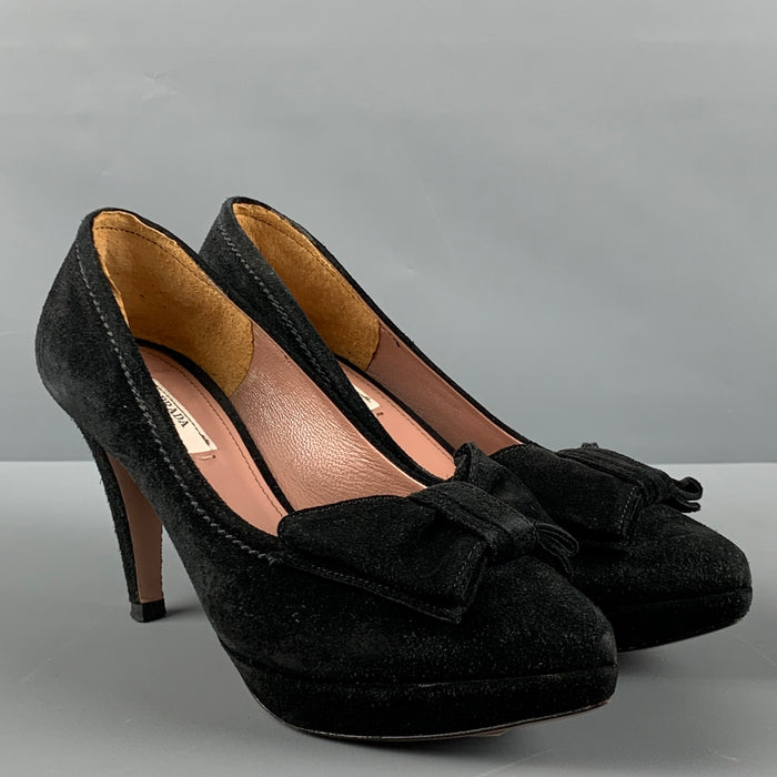 PRADA Size 5 Black Suede Bow Platform Pumps