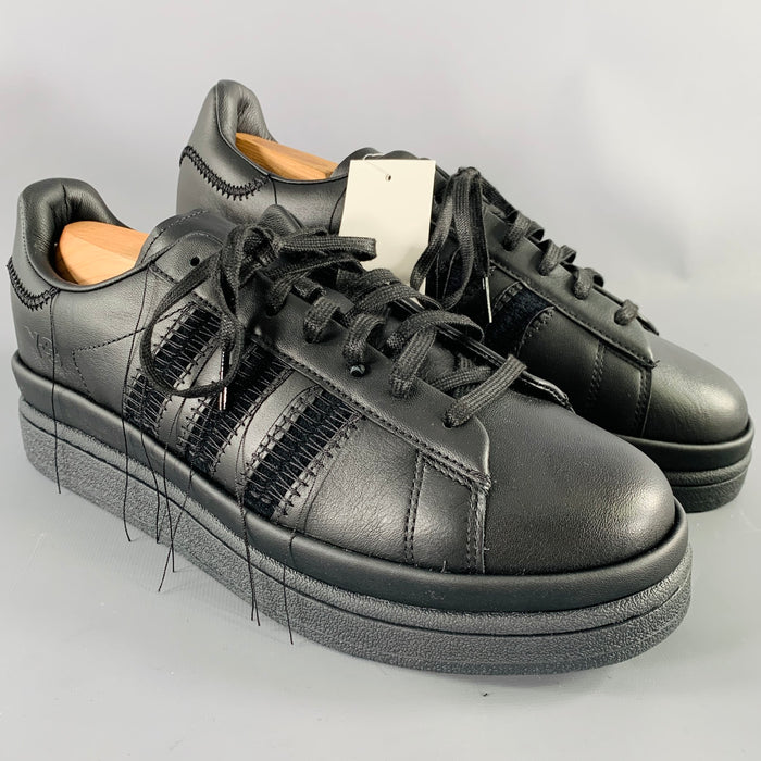 Y-3 Size 11 Hicho Black Leather Lace-Up Sneakers
