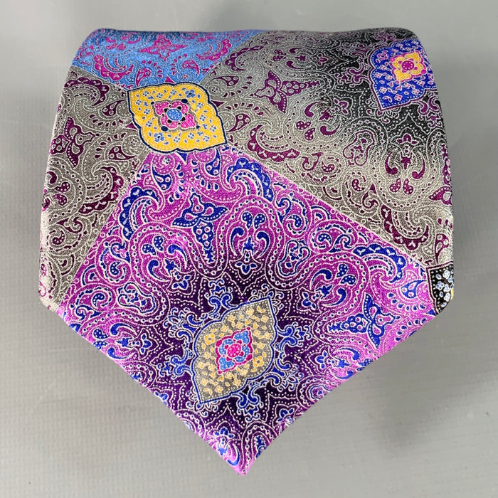ERMENEGILDO ZEGNA Purple Grey Paisley Silk Satin Tie