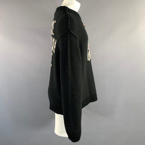 DOUBLET Size L Black White & Red Knitted Wool & Acrylic Crew Neck Sweater