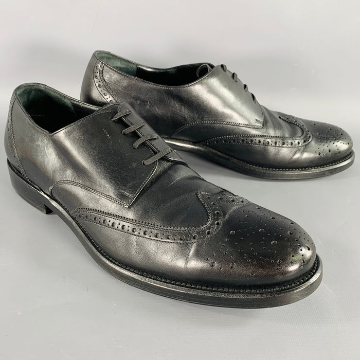 SALVATORE FERRAGAMO Size 10.5 Black Perforated Leather Wingtip Lace-Up Shoes