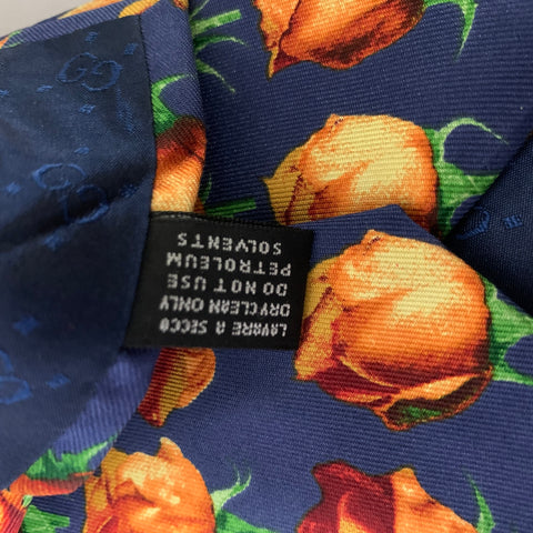 GUCCI Navy Orange Floral Silk Tie