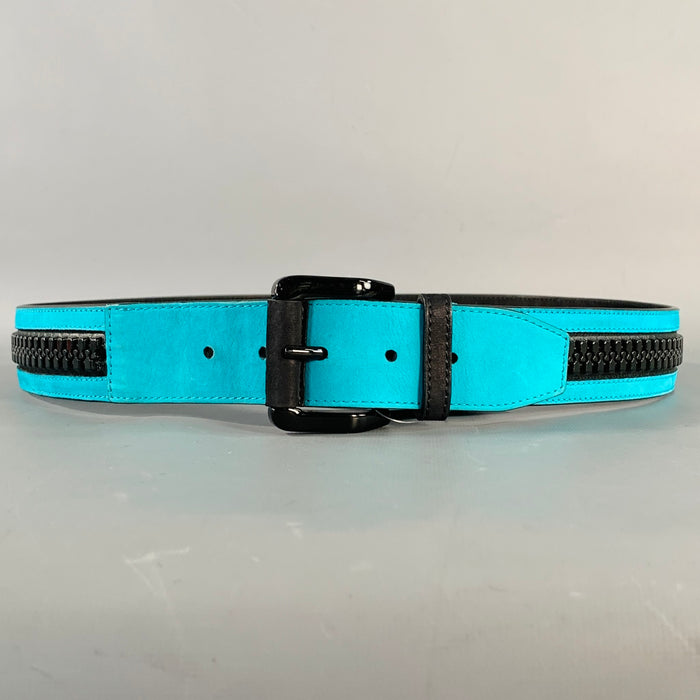 BURBERRY Size 38 Turquoise Leather Zipper Belt