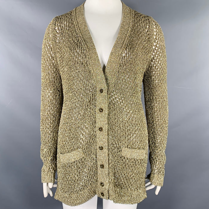 MARC JACOBS Size L Runway 2018 Gold Nylon Metallic Knit Mesh Cardigan