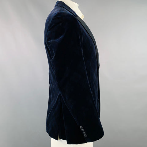 ARMANI COLLEZIONI Size 42 Navy Black Plaid Cotton Velvet Peak Lapel Sport Coat