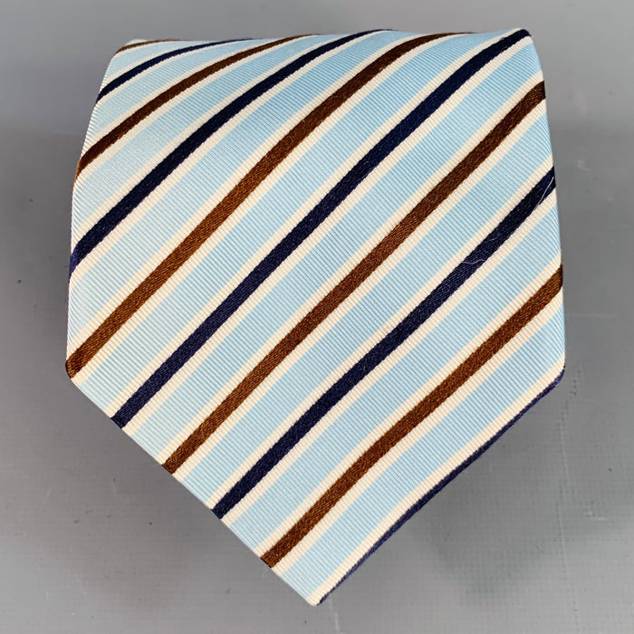 ERMENEGILDO ZEGNA Blue Brown White Diagonal Stripe Silk Cotton Twill Tie