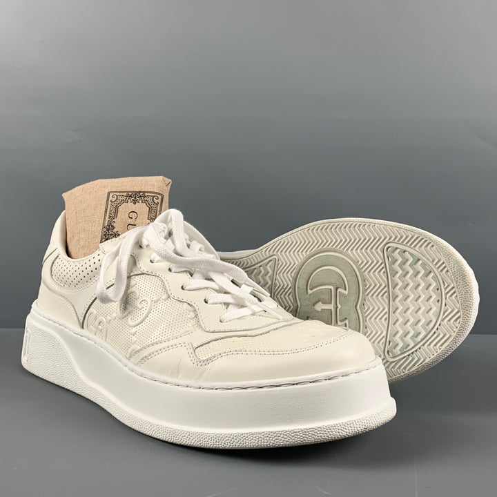 GUCCI Size 11.5 White Monogram Leather Lace Up Sneakers