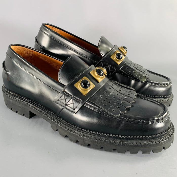 ETRO Size 12 Black Gold Studded Leather Moccasin Loafers