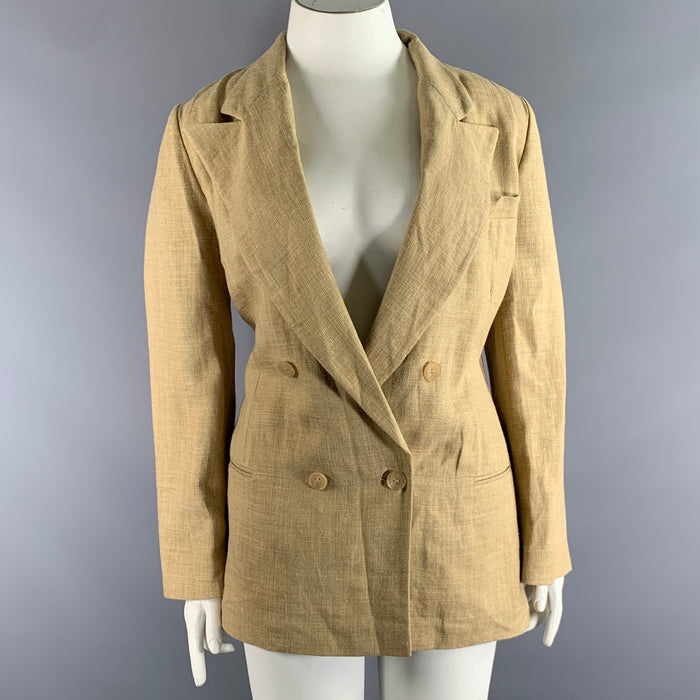 RALPH LAUREN Size 12 Tan Linen Blend Tartan Peak Lapel Coat