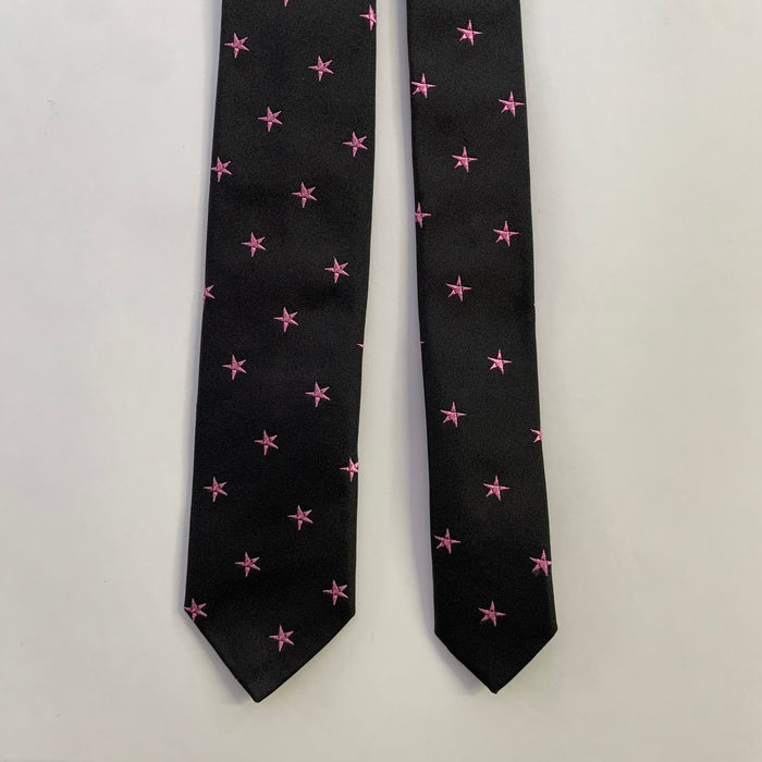 SAINT LAURENT Skinny Black Pink Stars Silk Tie