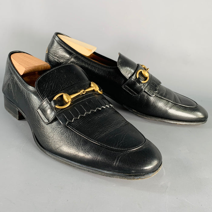GUCCI Size 10.5 Black Gold Leather Moccasin Loafers