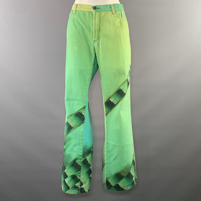 JUST CAVALLI Size 32 Green Black Cotton Blend Graphic Flared Jeans