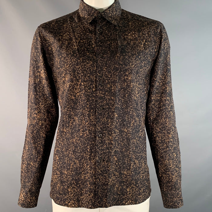PRADA Size L Black Brown Marbled Silk Button Up Long Sleeve Shirt