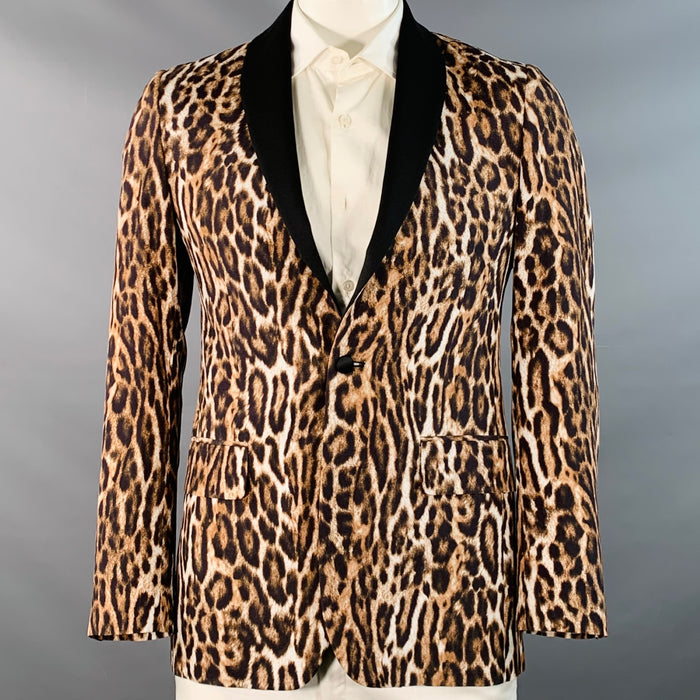 R13 Size L Brown Black White Animal Print Viscose Silk Shawl Collar Sport Coat