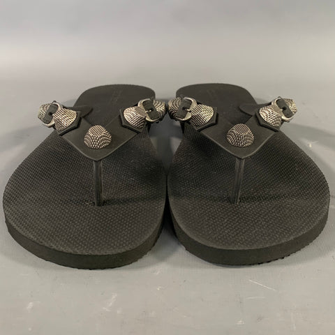 BALENCIAGA Size 11 Black Silver Studded Flip flops Sandals