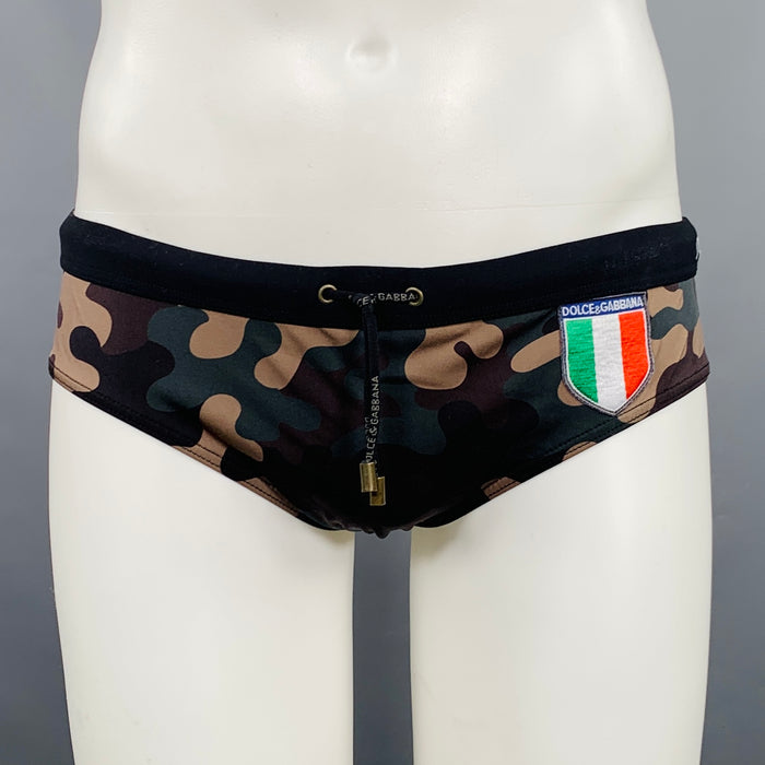 DOLCE & GABBANA Size L Black Green Tan Camouflage Drawstring Speedo