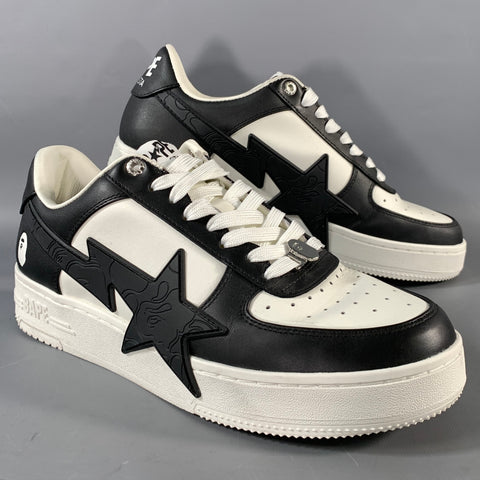 BAPE Size 10 White Black Stars Leather Low Top Sneakers