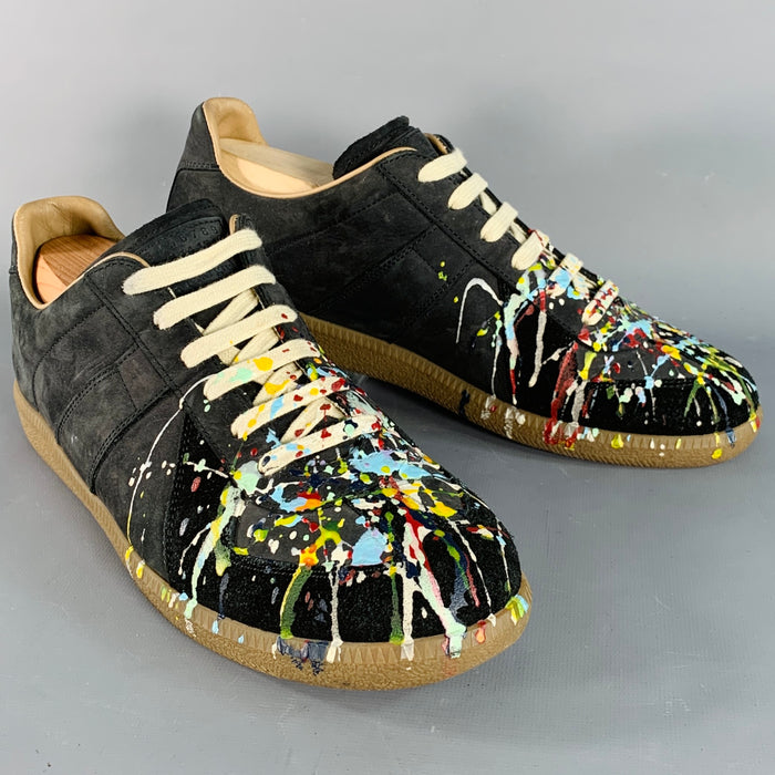 MAISON MARGIELA Size 9.5 Black Multi Color Lambskin Suede Paint Splatter Sneakers