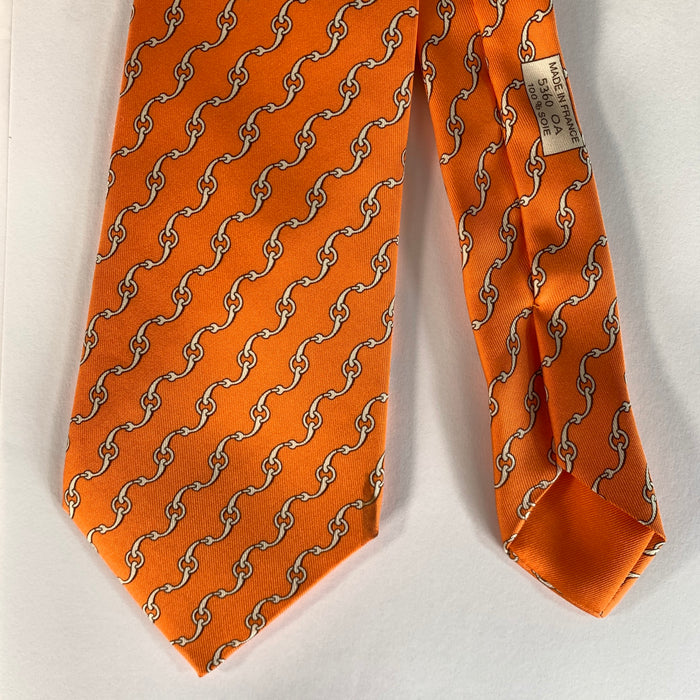 HERMES Orange White Chain Link Silk Tie