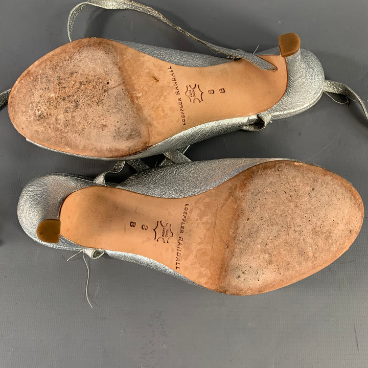 LOEFFLER RANDALL Size 8 Metallic Silver Crinkled Leather Ankle Strap Pumps