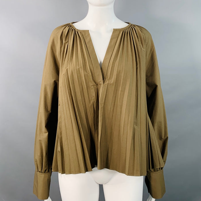 PROENZA SCHOULER Size 6 Monica Brown Cotton Blend Pleated V-Neck Blouse