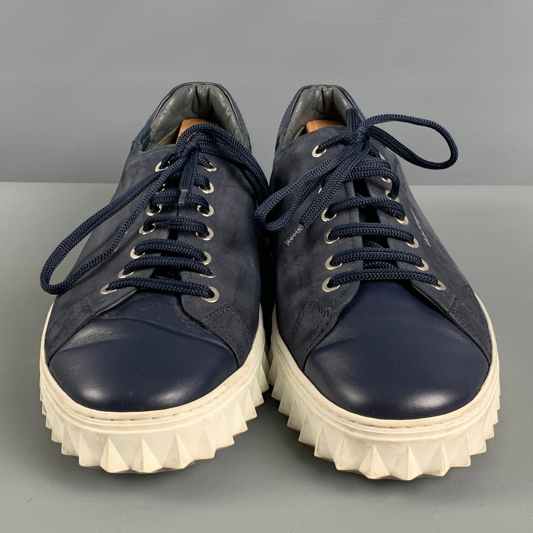 SALVATORE FERRAGAMO Size 10 Navy White Suede Sneakers