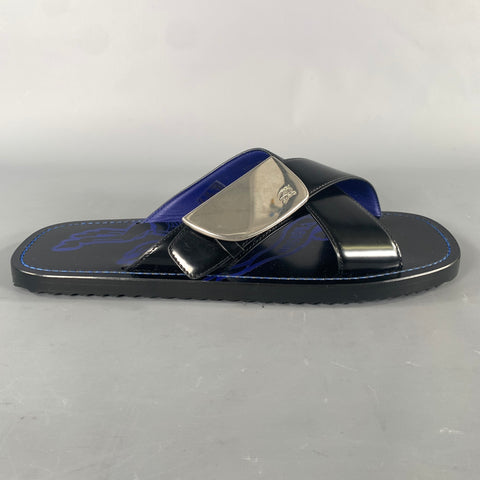 BURBERRY Size 10 Black Blue ITCALFRA5SAN Contrast Stitch Leather Slide Sandals