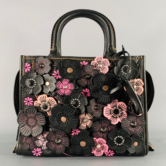COACH Black Pink Applique Leather Floral Handbag