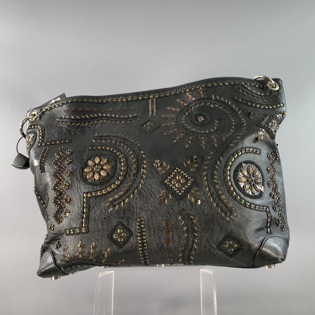 OSCAR DE LA RENTA Black Gold Studded Leather Handbag