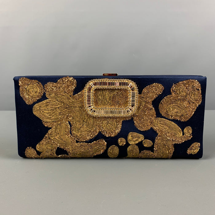 ROGER VIVIER Navy Gold Embroidered Silk Clutch Handbag