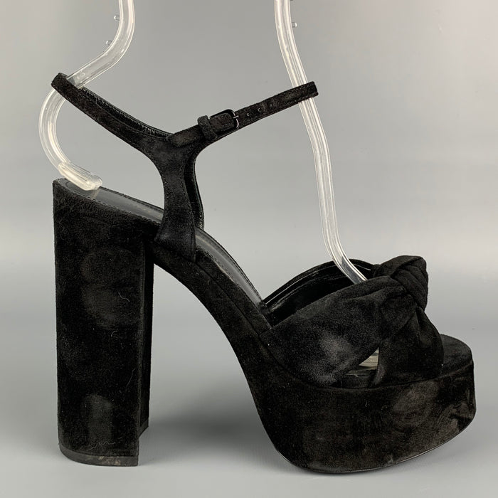 SAINT LAURENT Size 7.5 Black Suede Platform Bianca Sandals