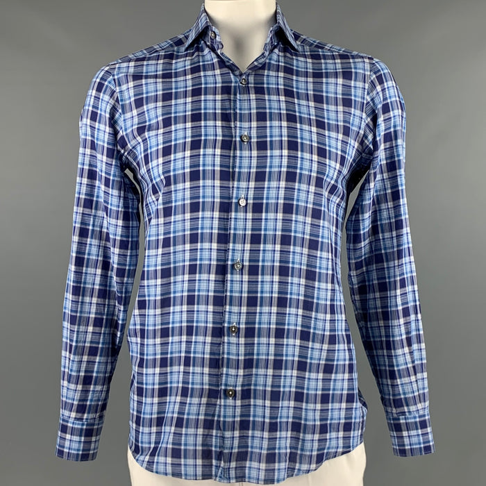 ERMENEGILDO ZEGNA Size M Blue White Plaid Cotton Long Sleeve Shirt