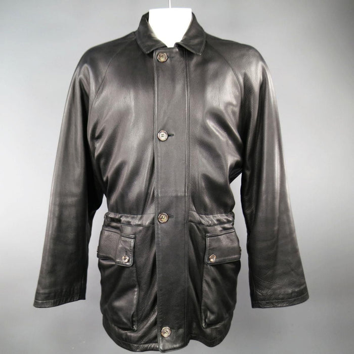 LORO PIANA 44 Black Leather Drawstring Waist Cashmere Lining 'Horsey' Jacket