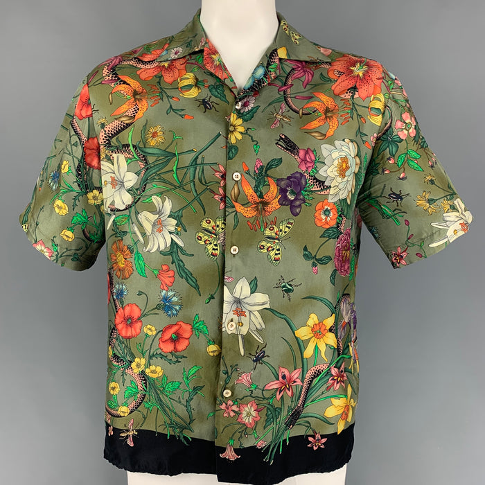 GUCCI Size L Multi-Color Print Silk Camp Short Sleeve Shirt