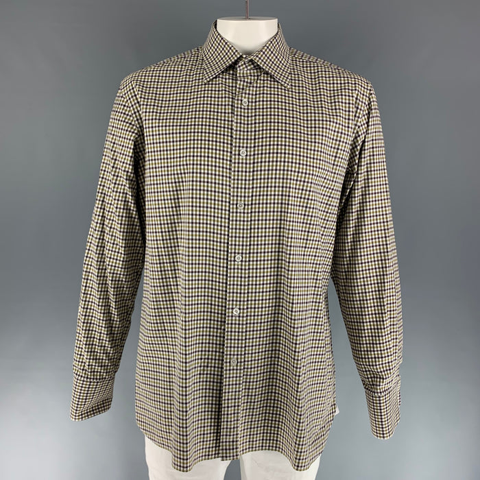 TOM FORD Size XL Brown Green/White Checkered Cotton Long Sleeve Shirt